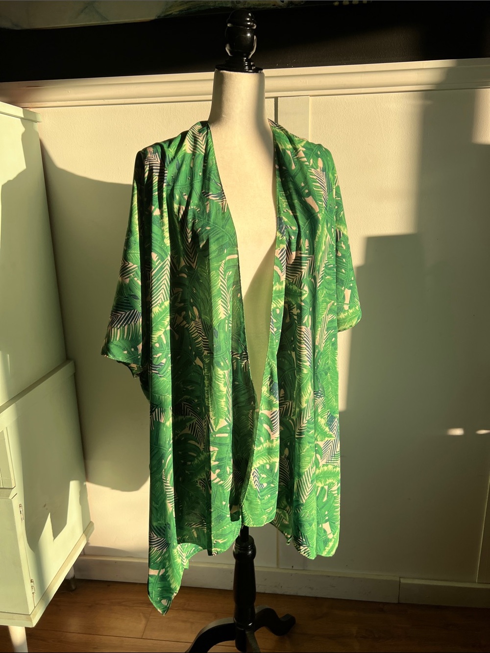 Green Tropical Print Open-Front Kimono Jacket swim cover up